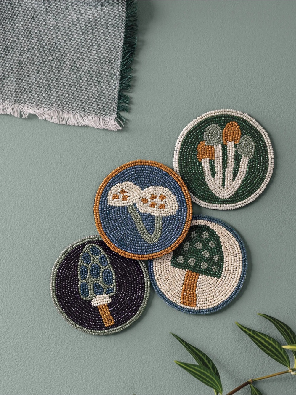 Handmade Beaded Mushroom Coasters Set of 4 Home Decor